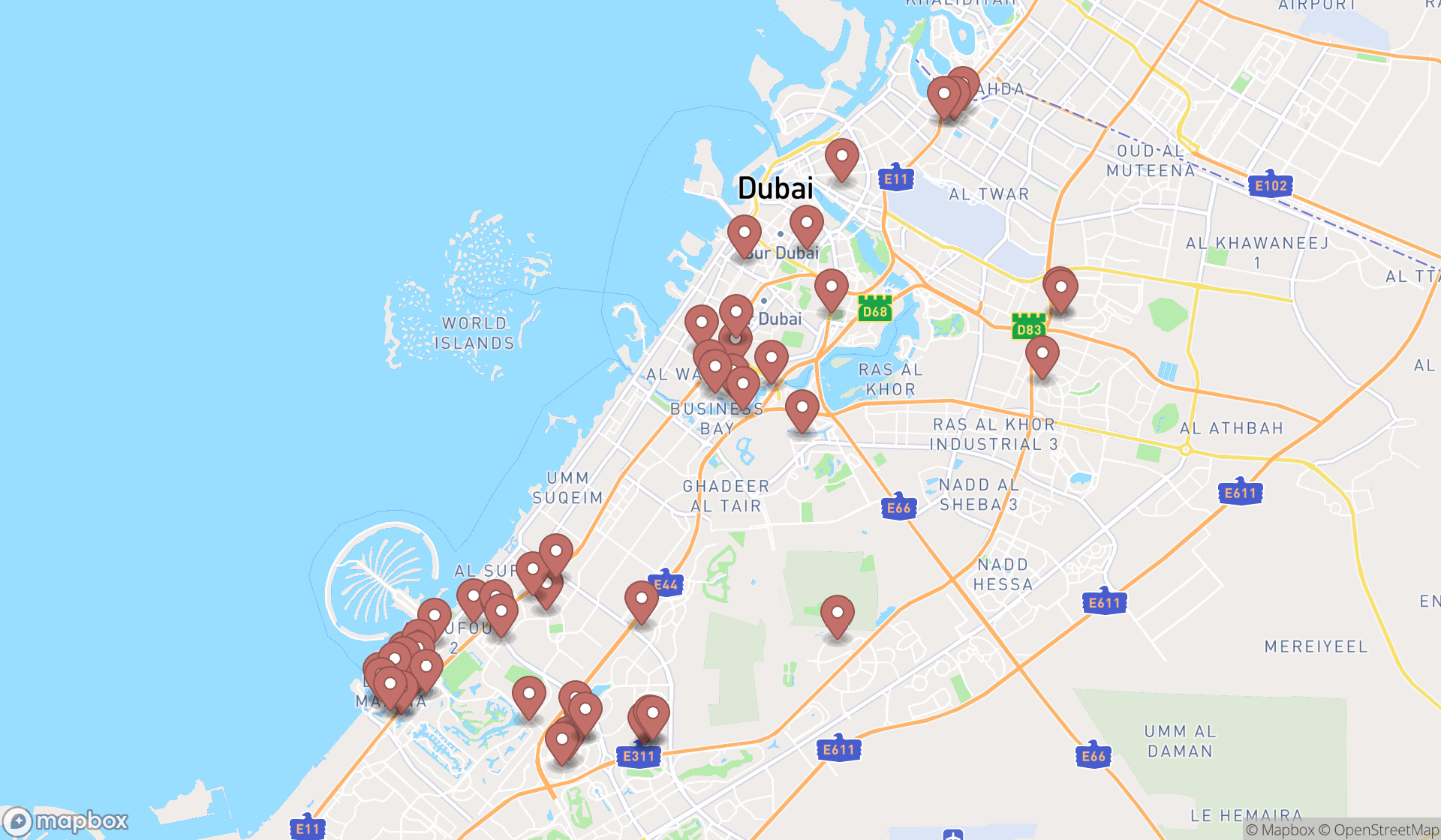 Map showing the search results in Dubai