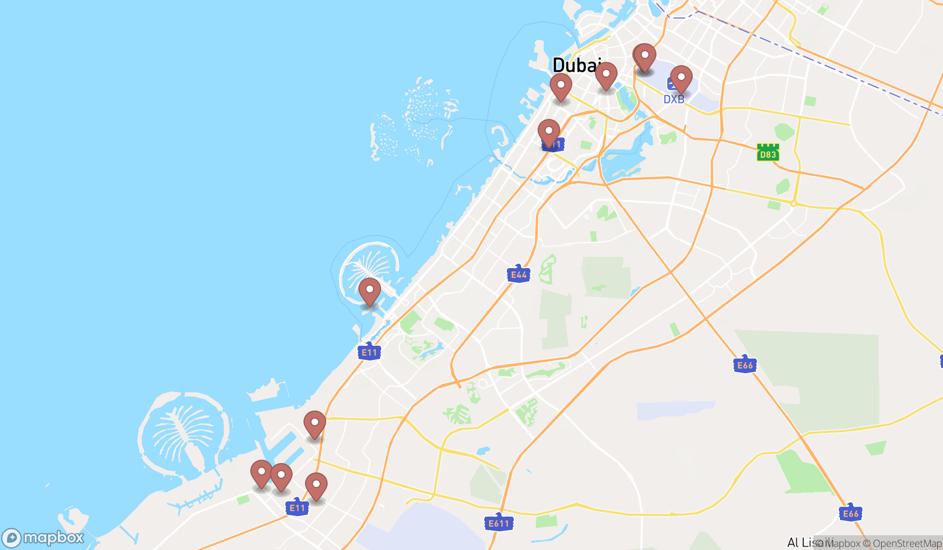 Map showing the search results in Dubai