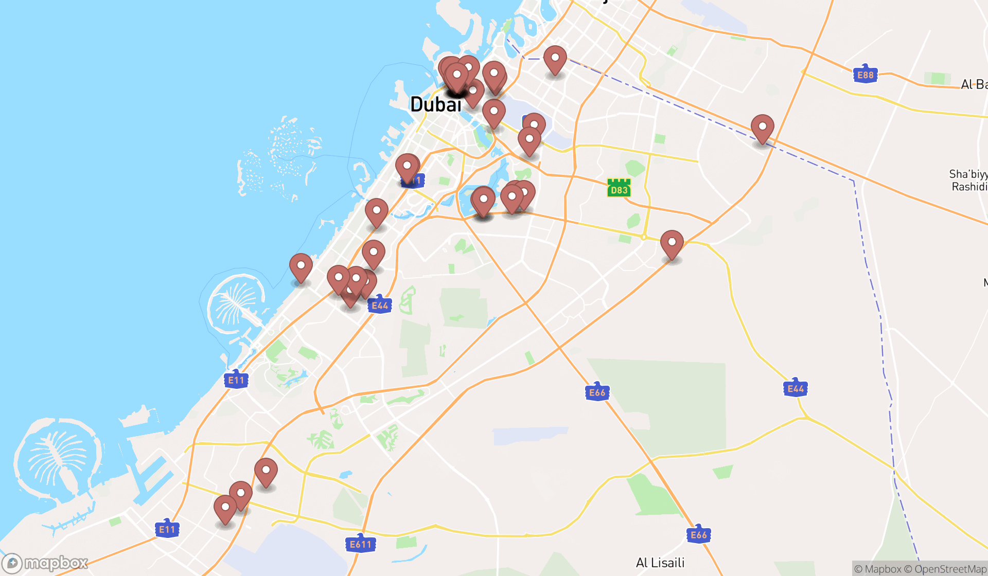 Map showing the search results in Dubai