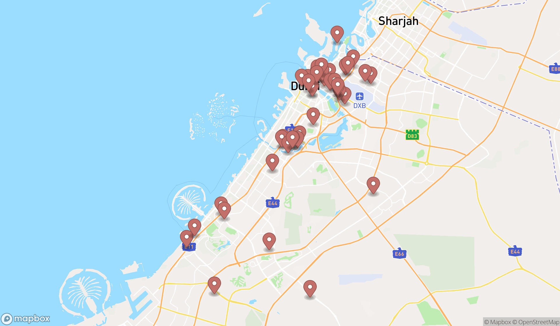 Map showing the search results in Dubai