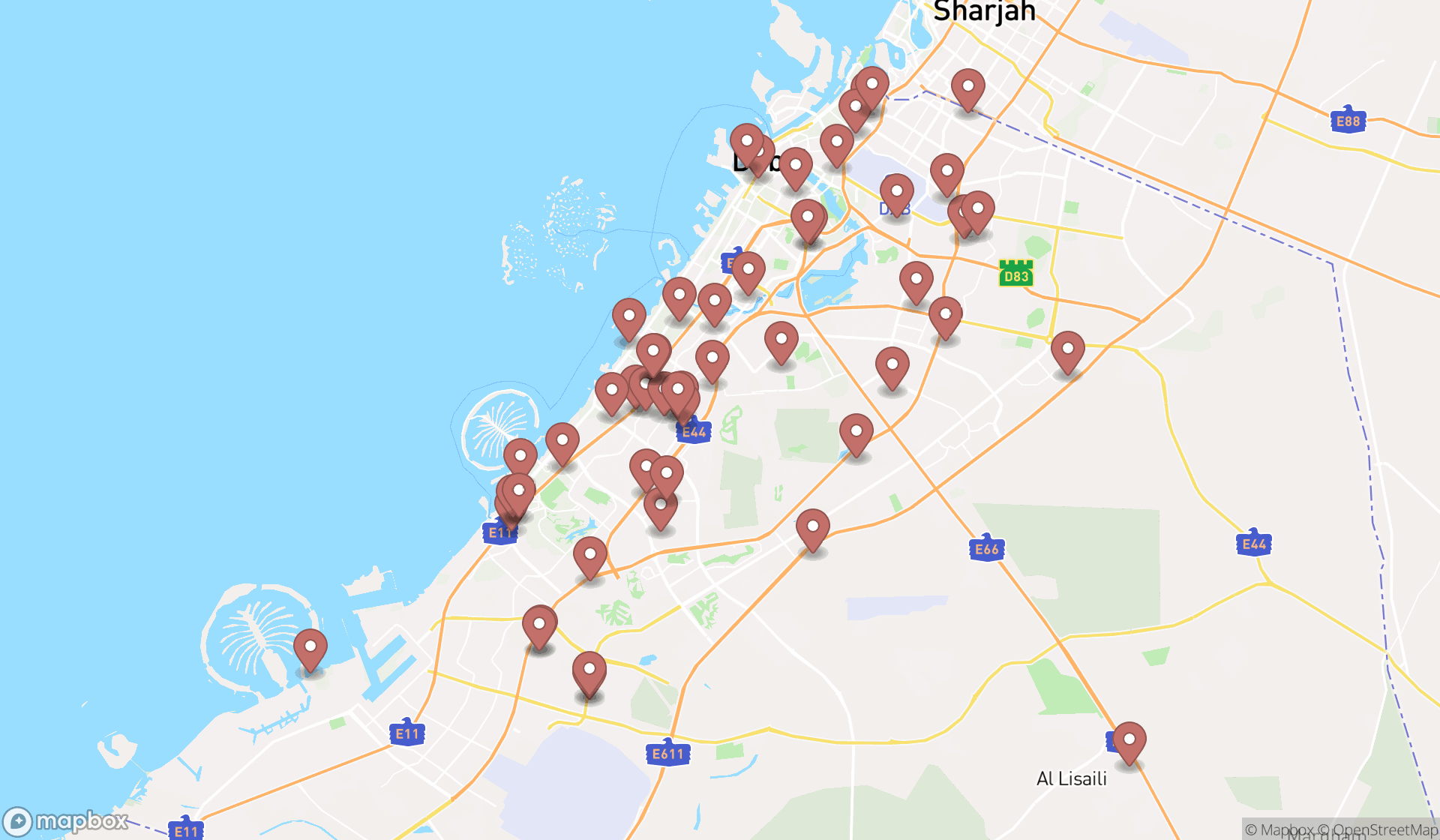 Map showing the search results in Dubai
