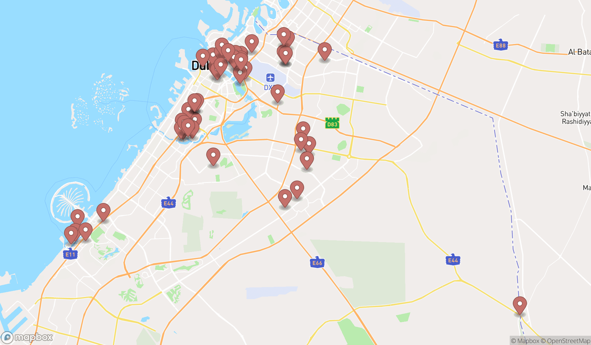 Map showing the search results in Dubai