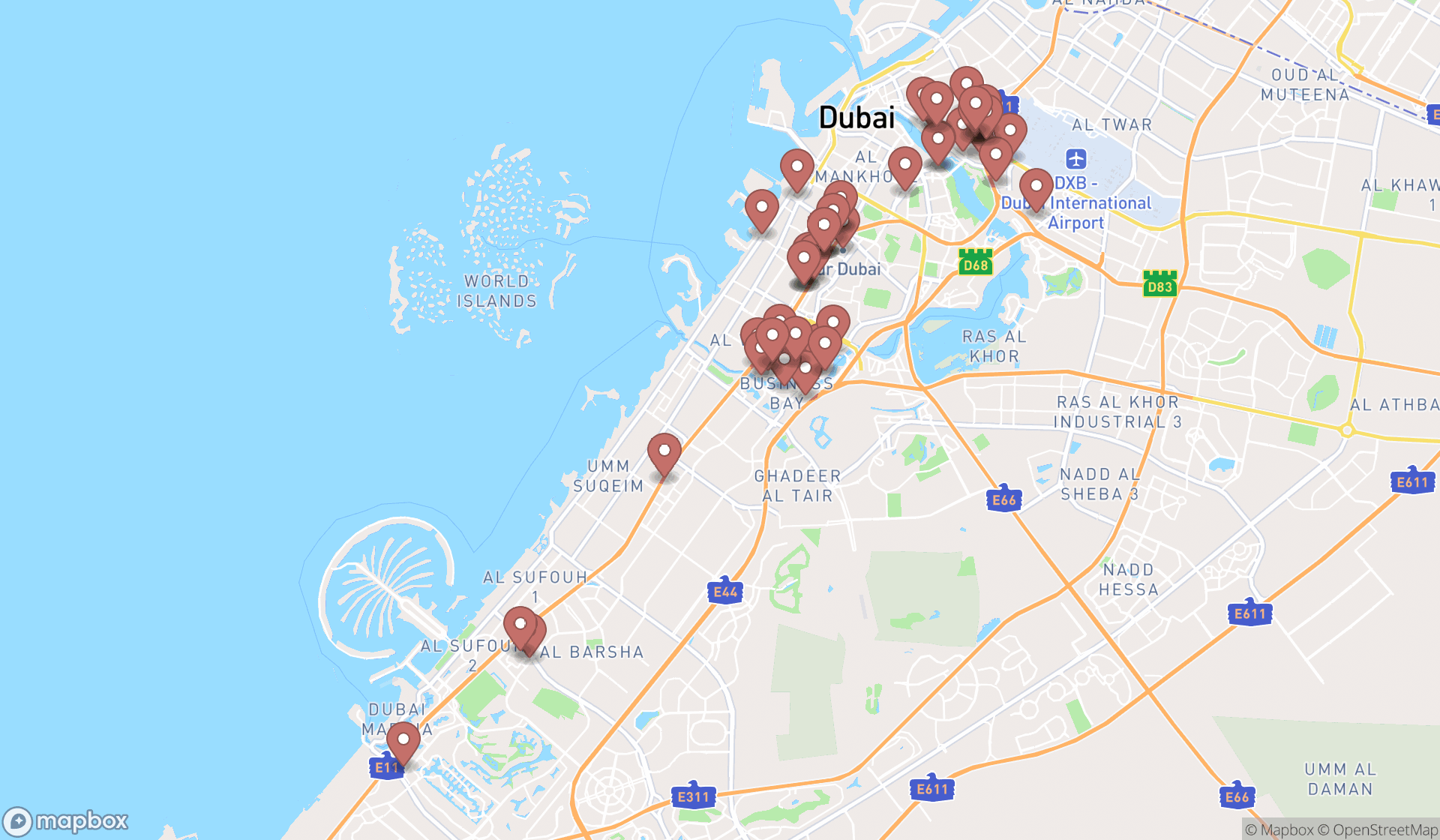 Map showing the search results in Dubai