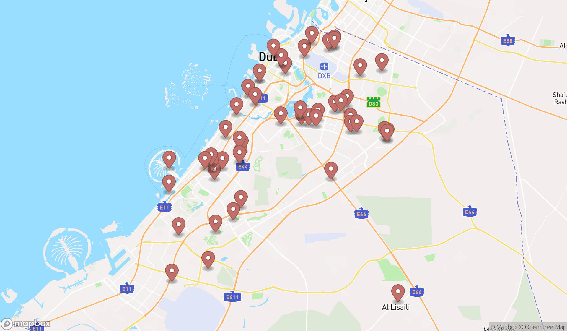 Map showing the search results in Dubai