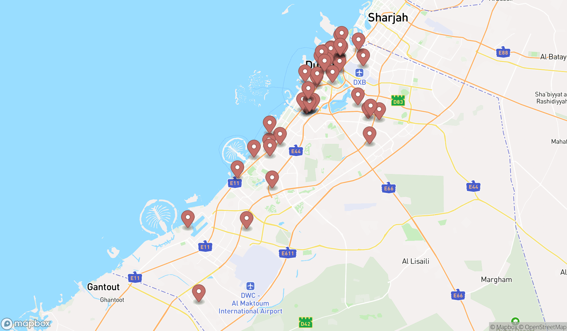 Map showing the search results in Dubai