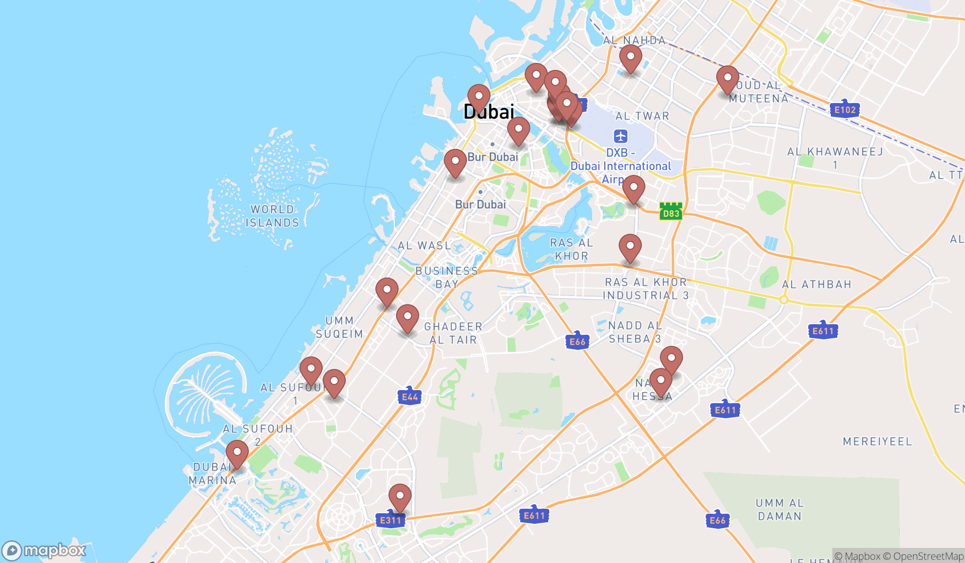 Map showing the search results in Dubai