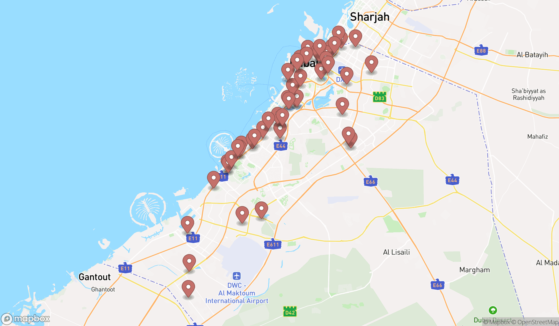 Map showing the search results in Dubai