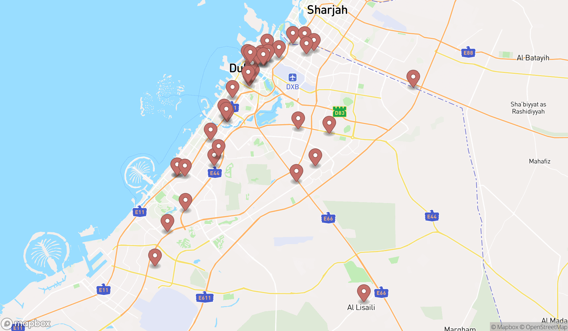 Map showing the search results in Dubai