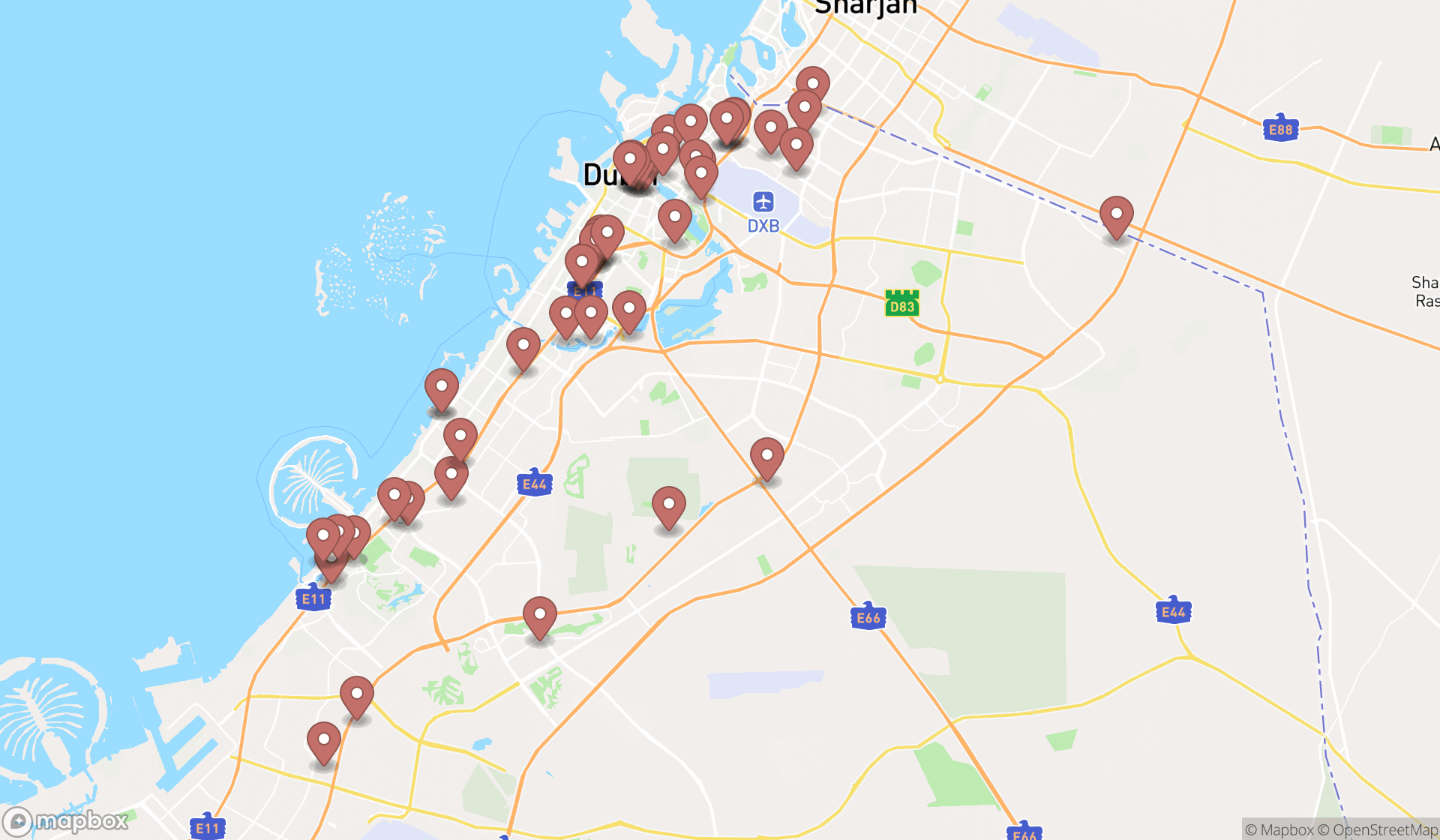 Map showing the search results in Dubai