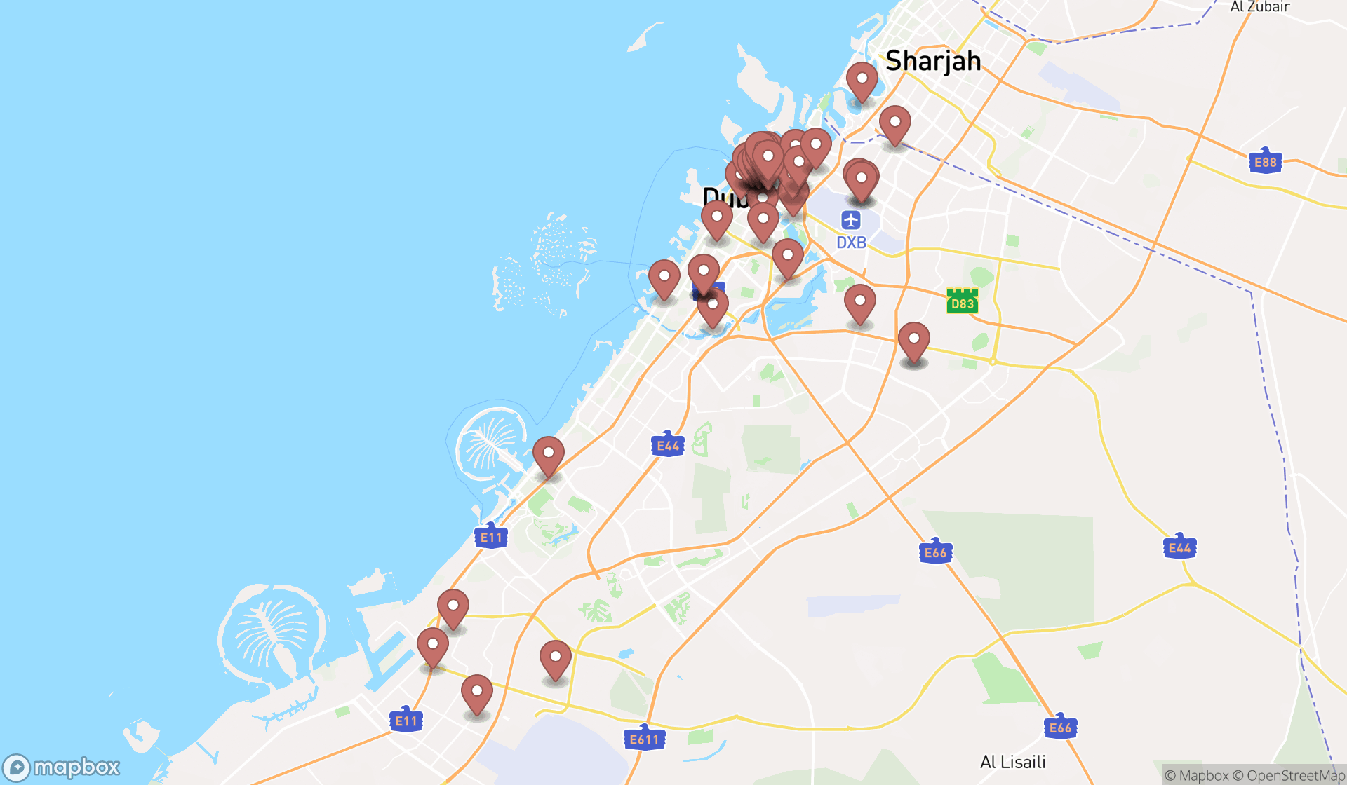Map showing the search results in Dubai