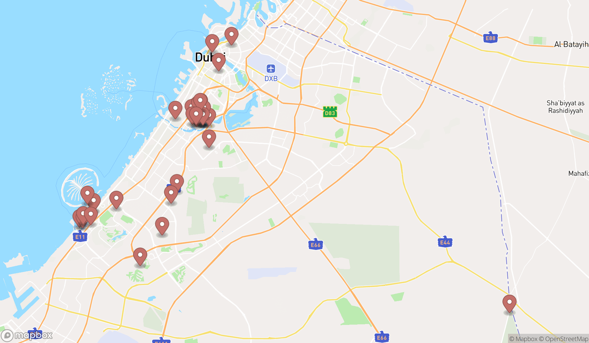 Map showing the search results in Dubai