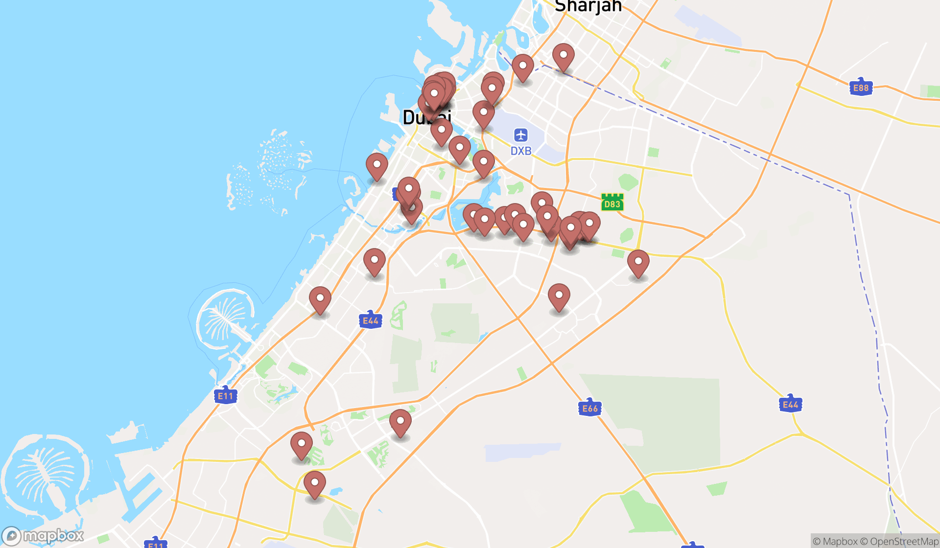 Map showing the search results in Dubai