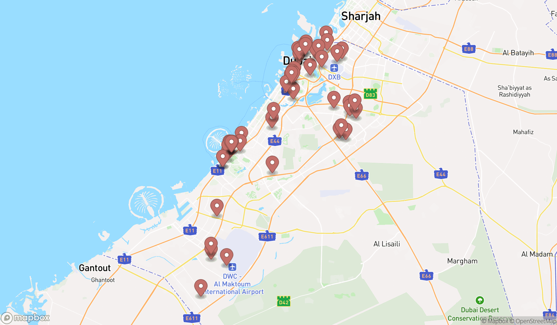 Map showing the search results in Dubai