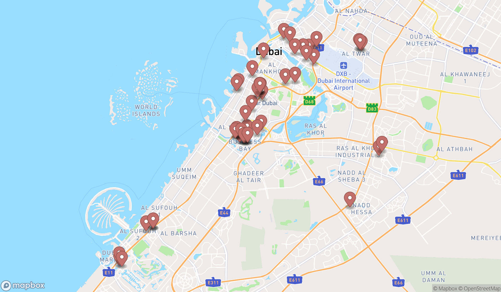Map showing the search results in Dubai