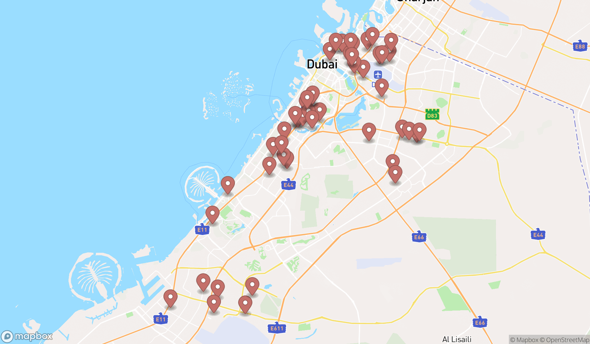 Map showing the search results in Dubai