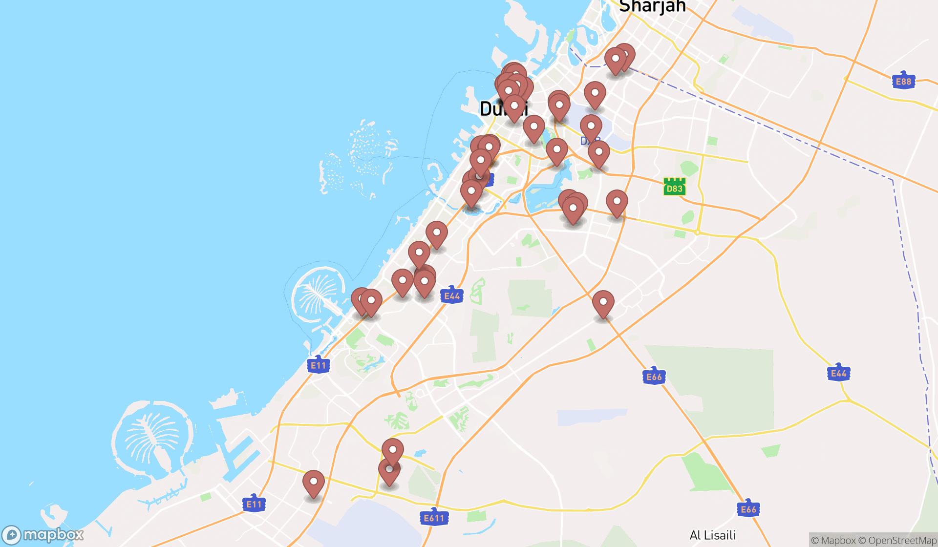 Map showing the search results in Dubai