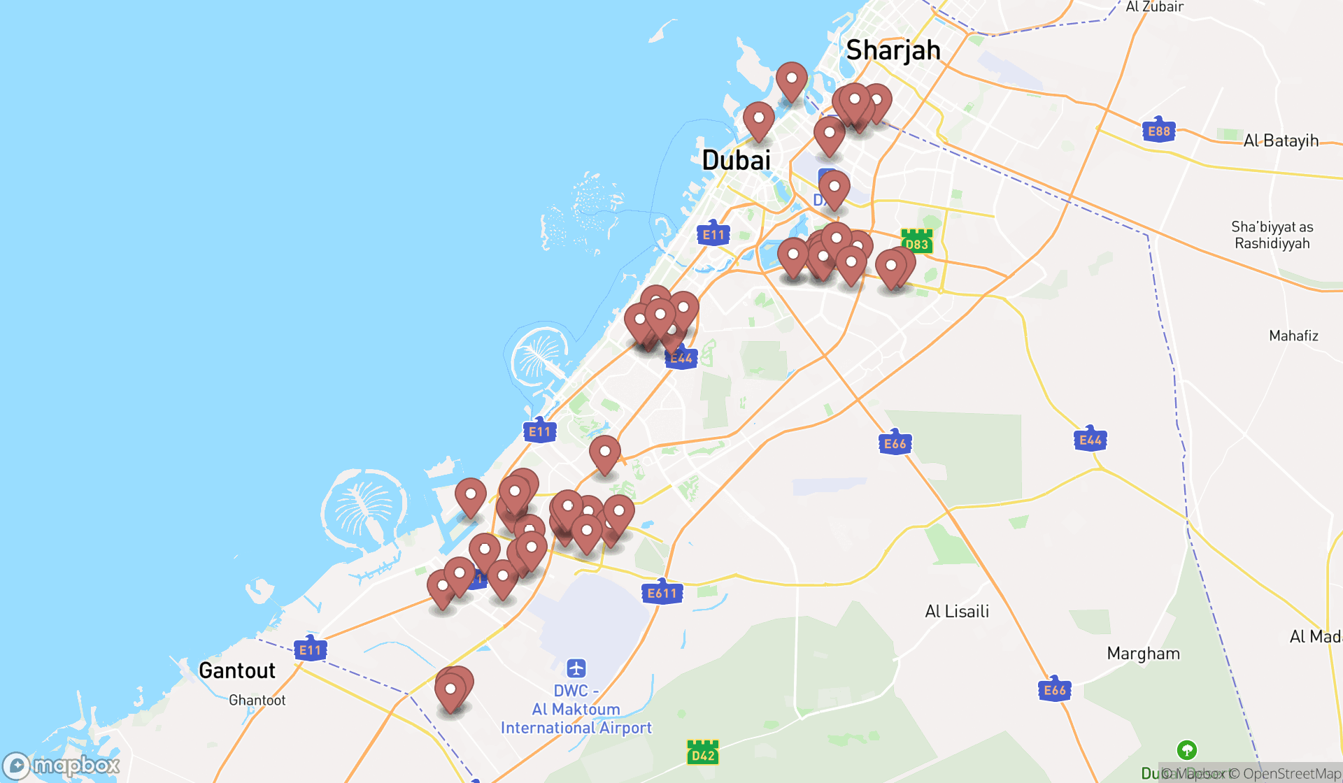 Map showing the search results in Dubai
