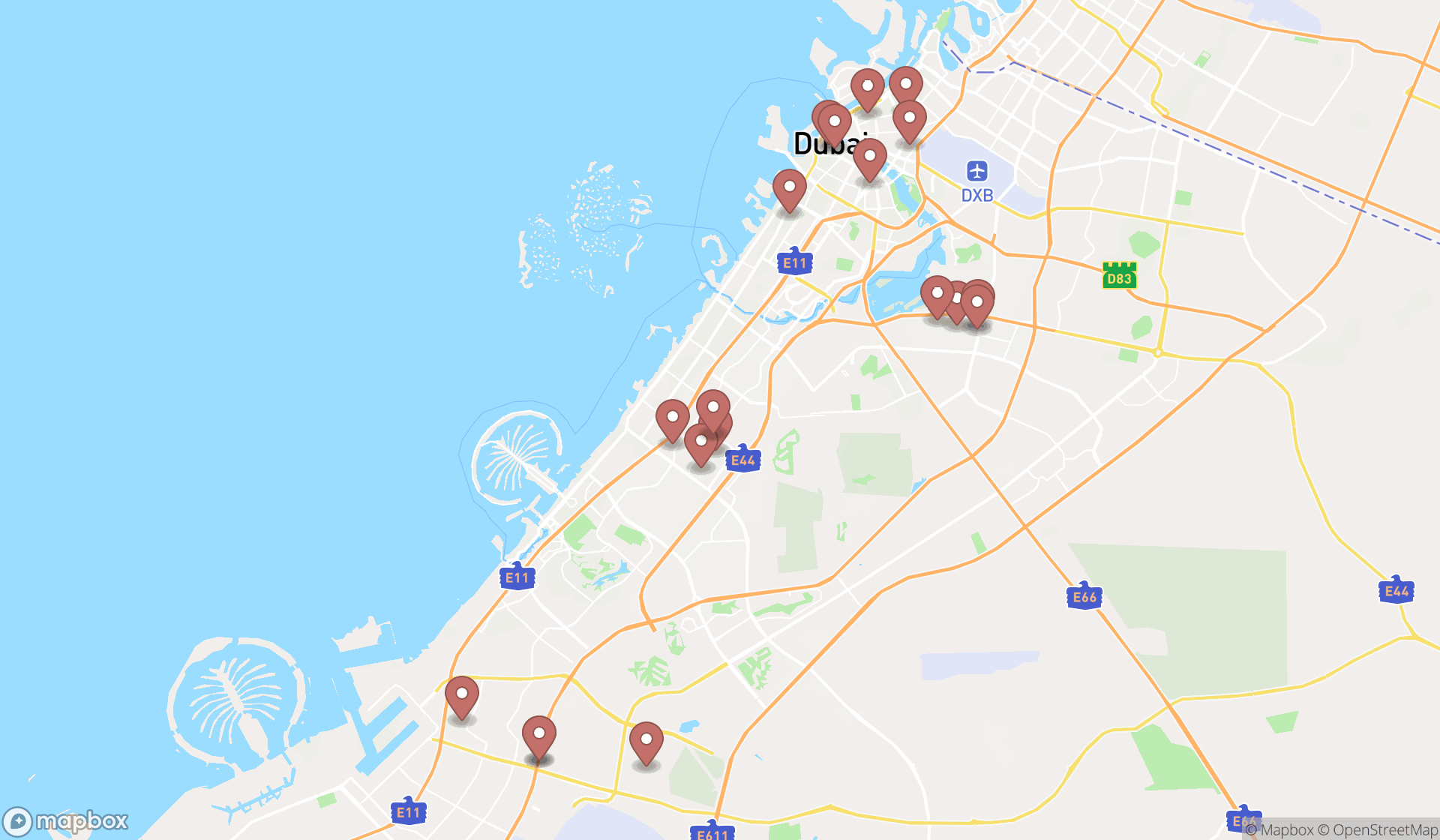Map showing the search results in Dubai