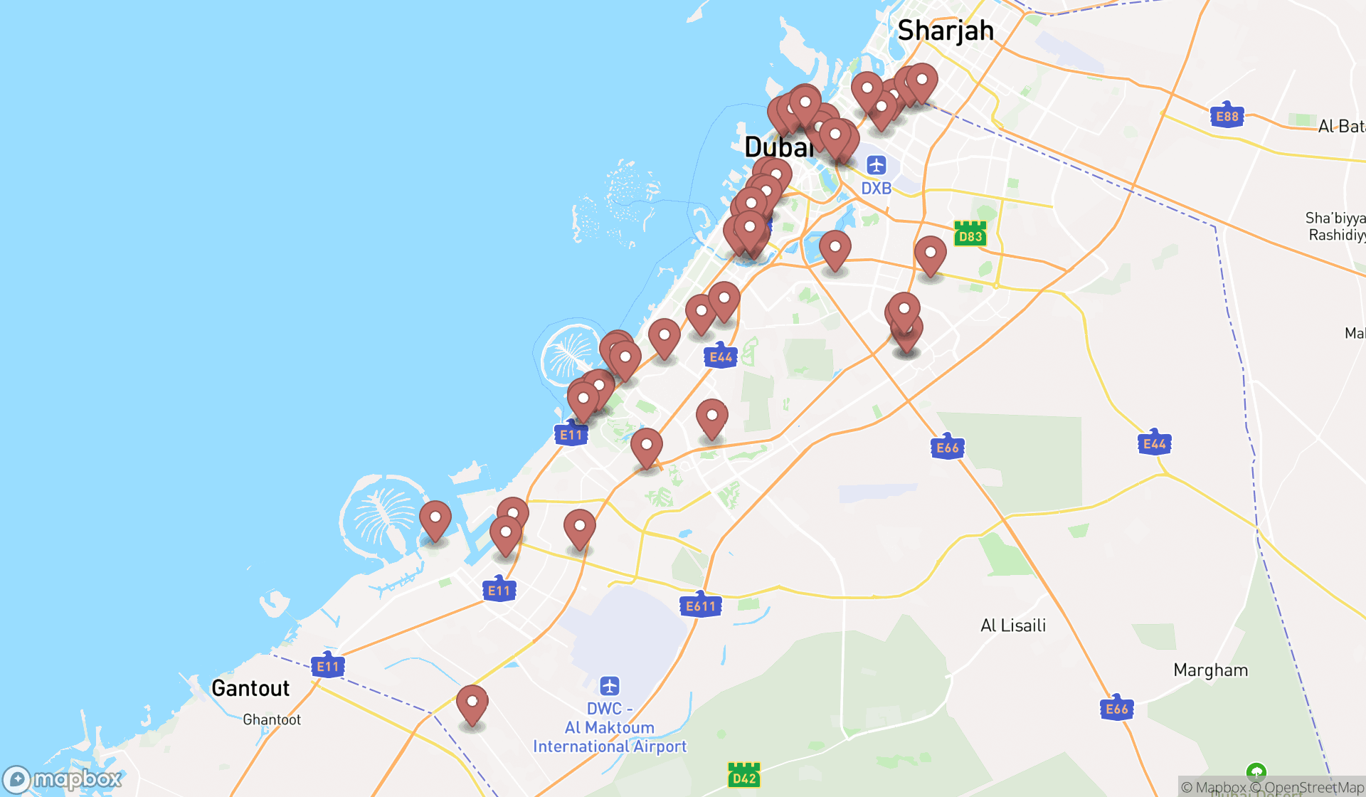 Map showing the search results in Dubai