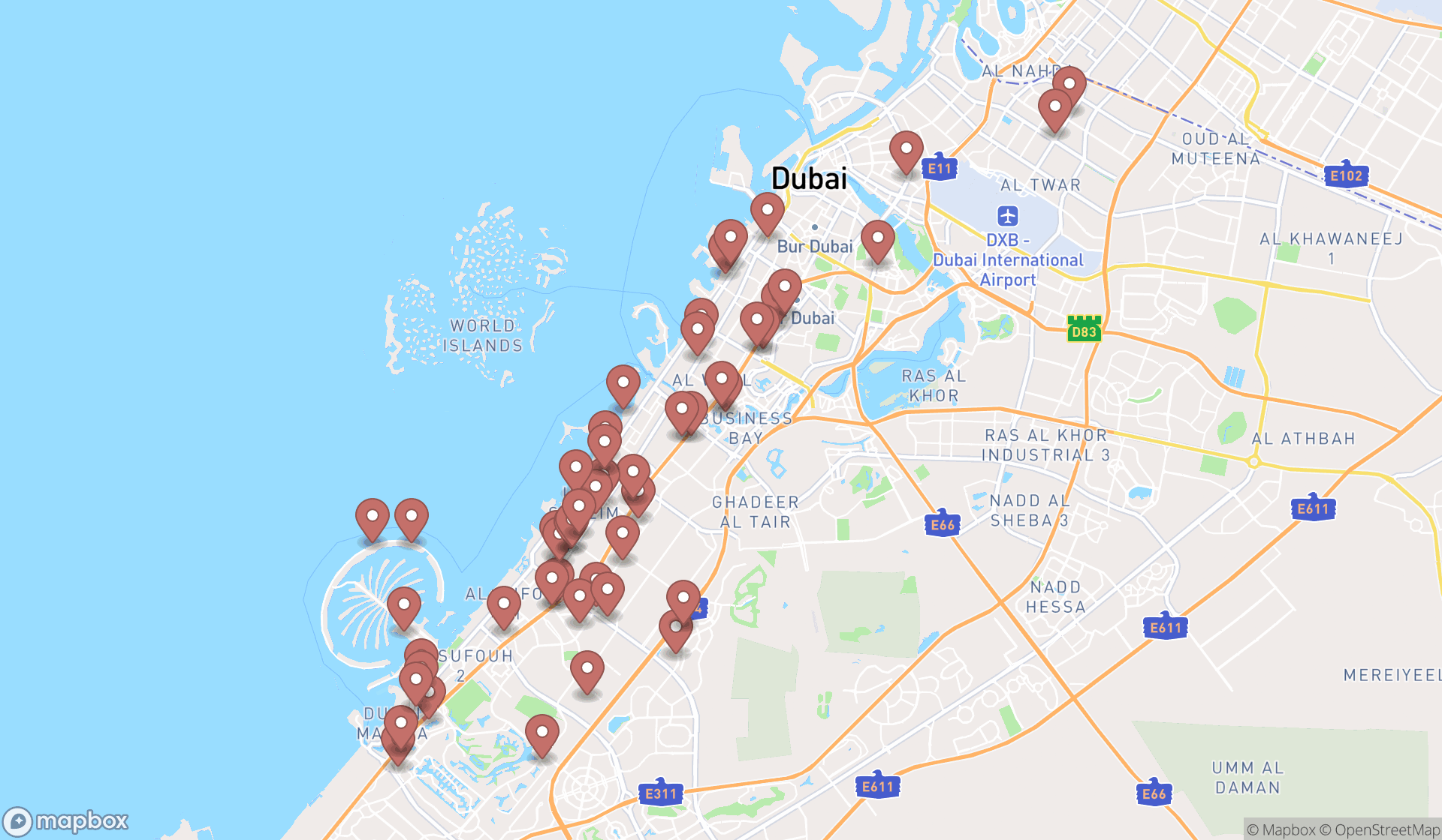 Map showing the search results in Dubai