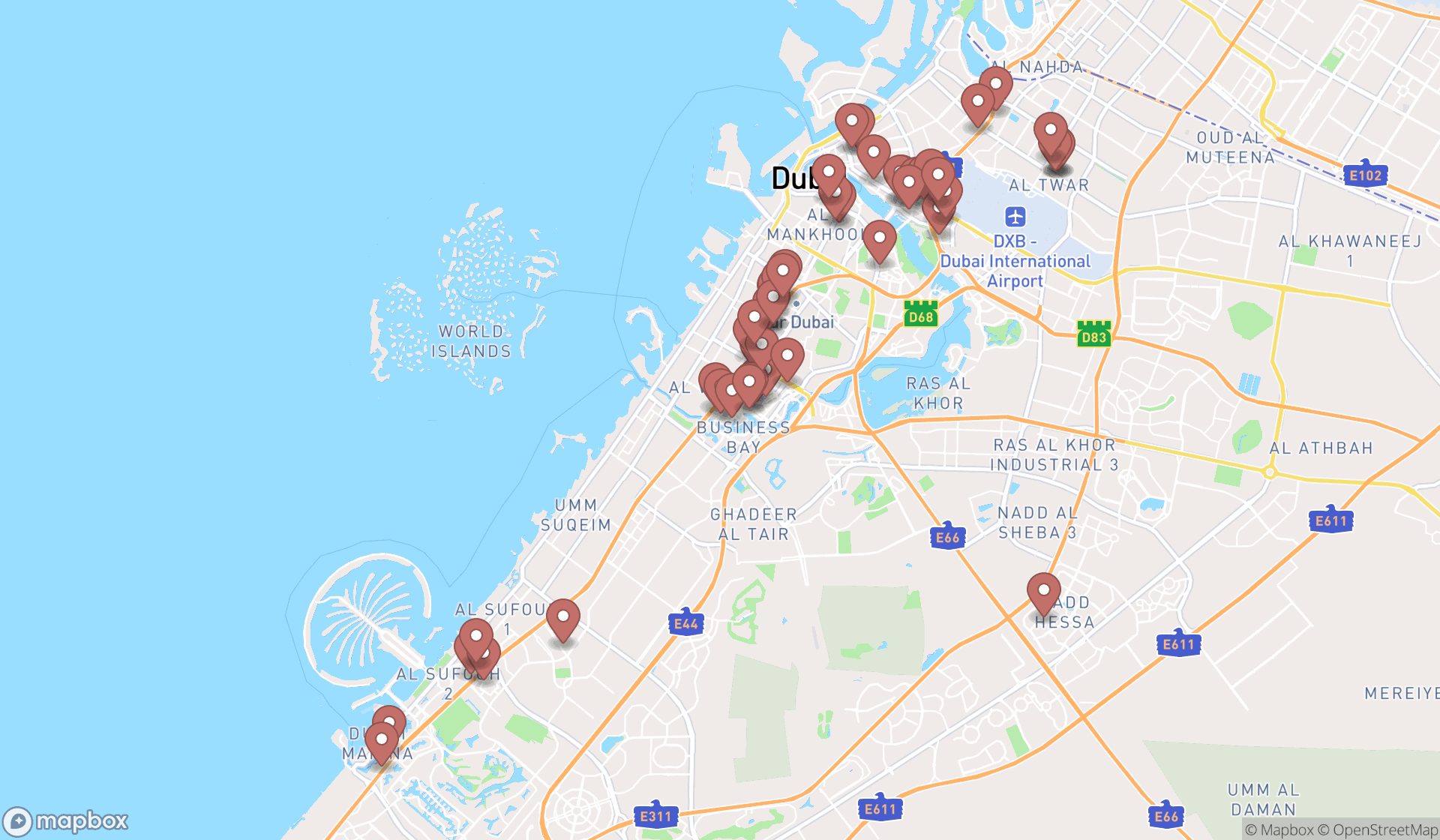 Map showing the search results in Dubai