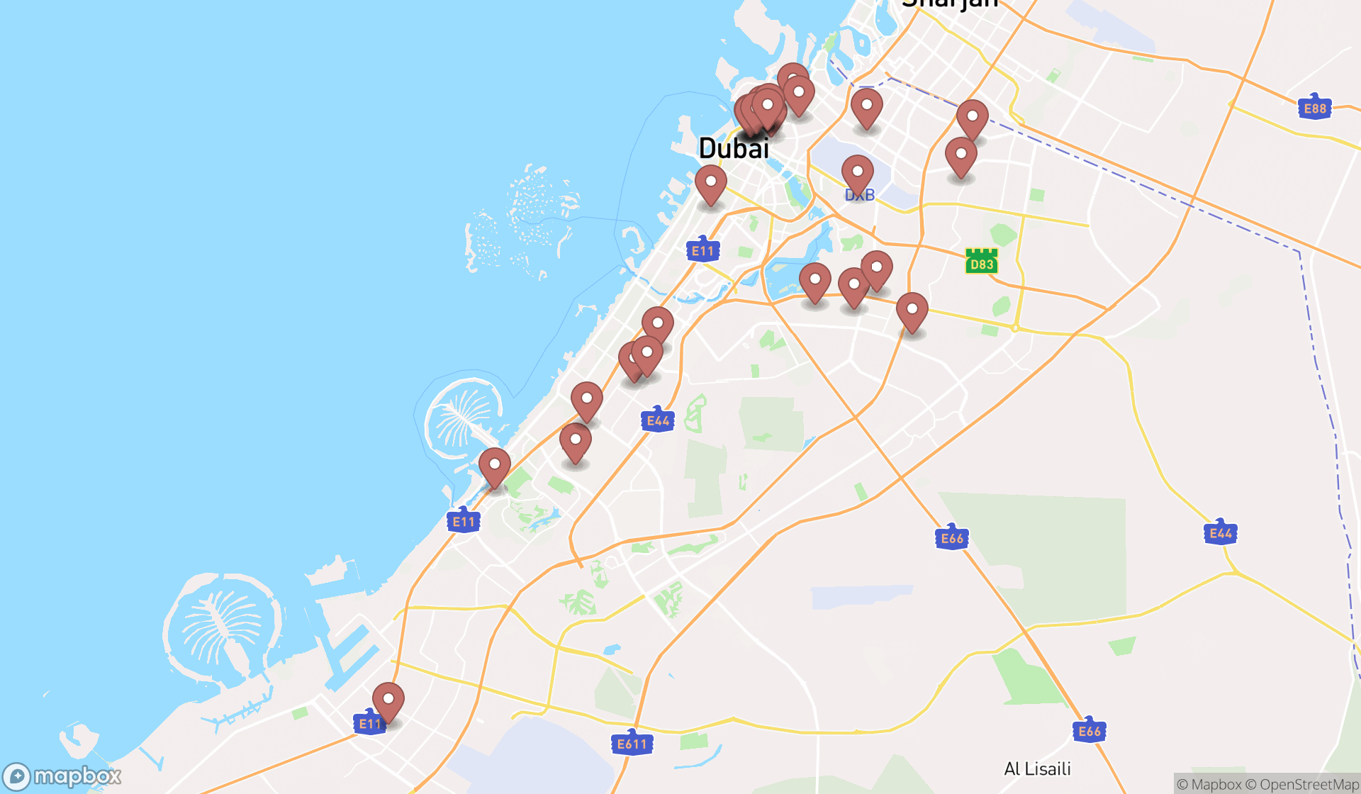 Map showing the search results in Dubai