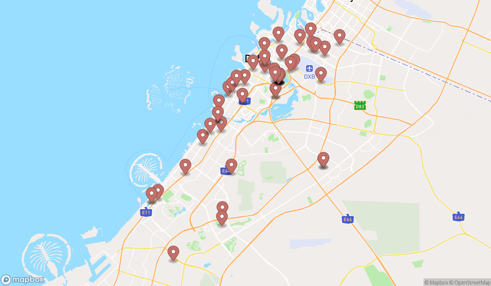 Map showing the search results in Dubai