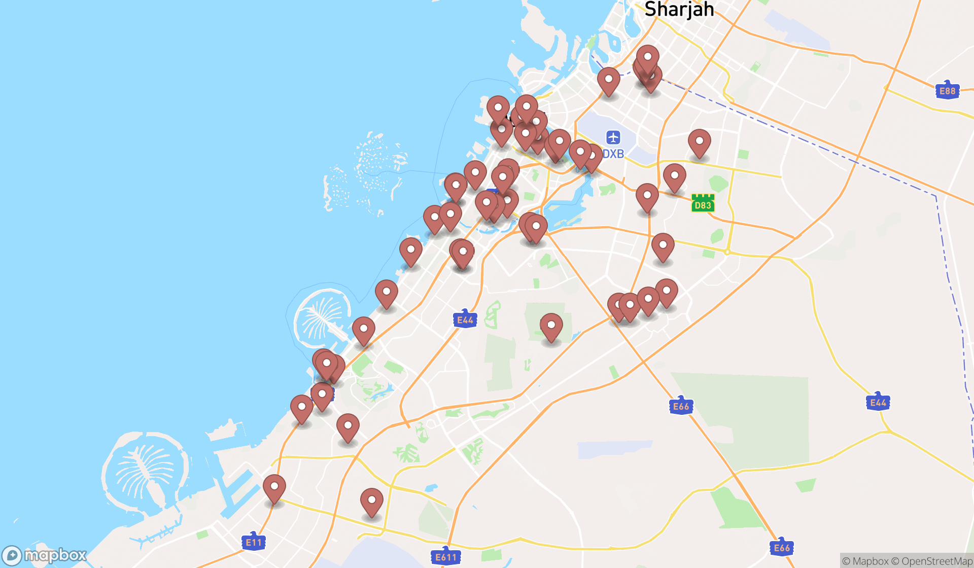 Map showing the search results in Dubai
