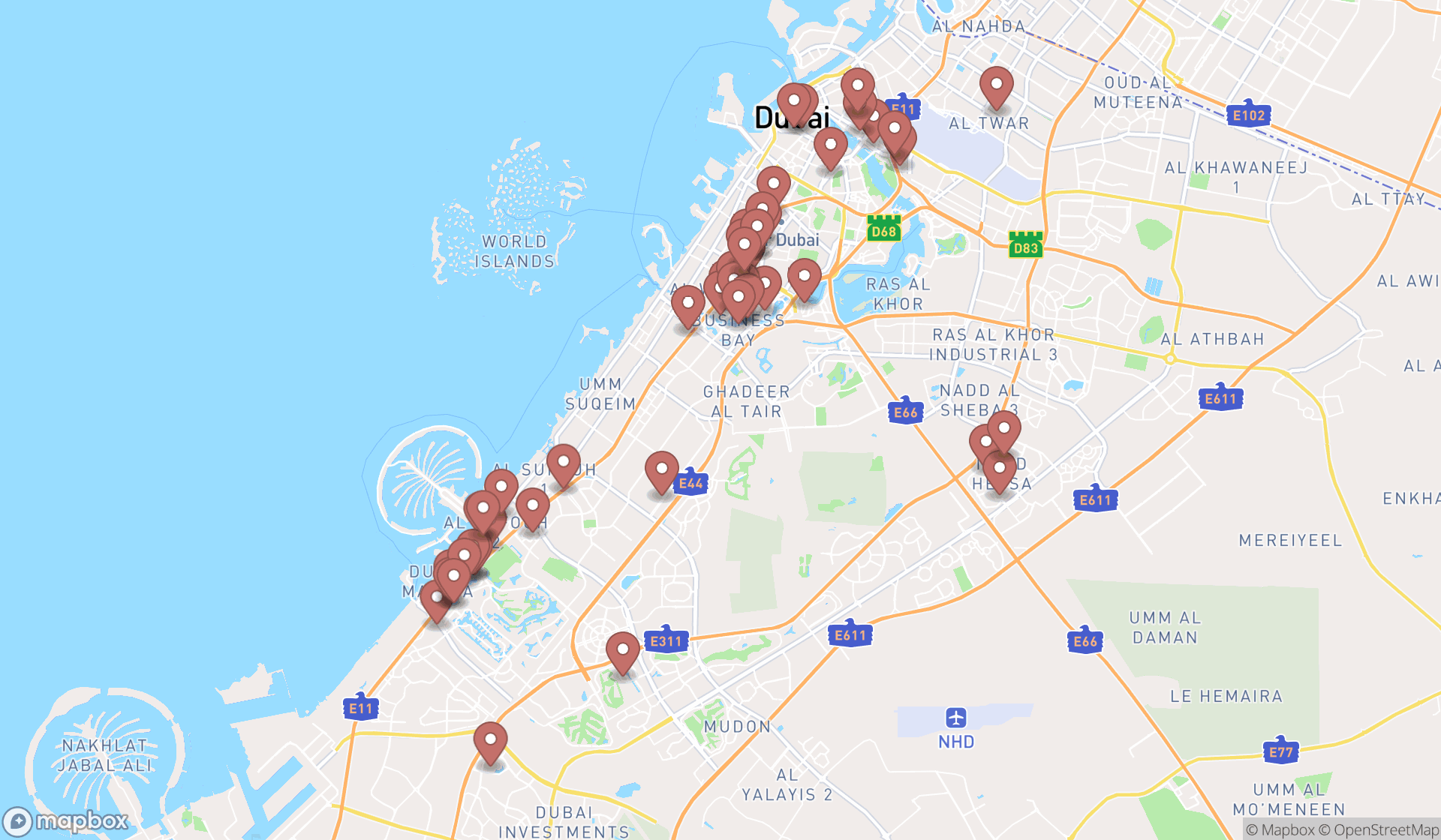 Map showing the search results in Dubai