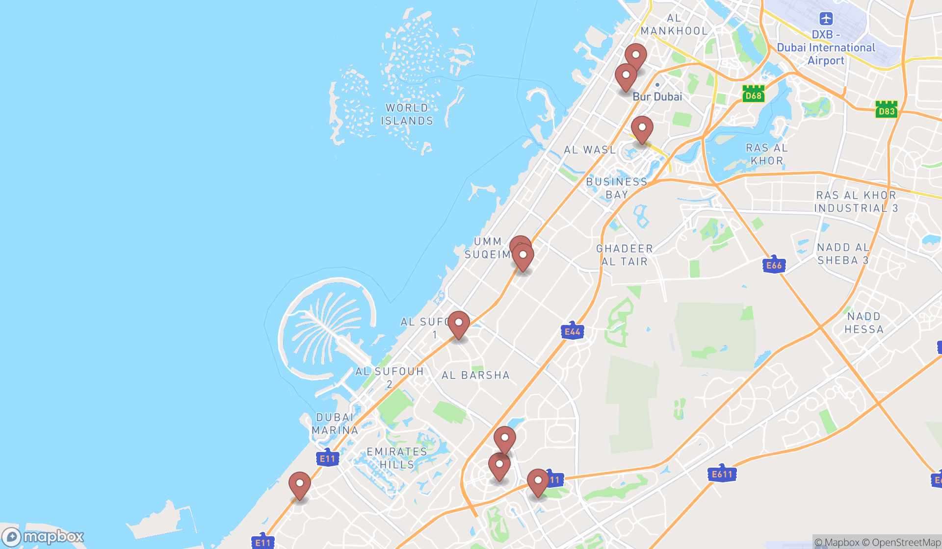 Map showing the search results in Dubai