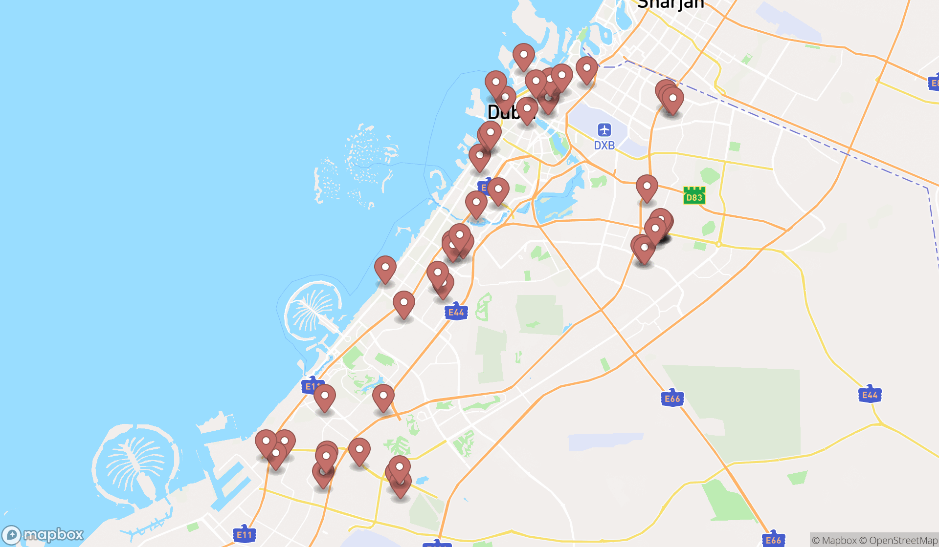 Map showing the search results in Dubai