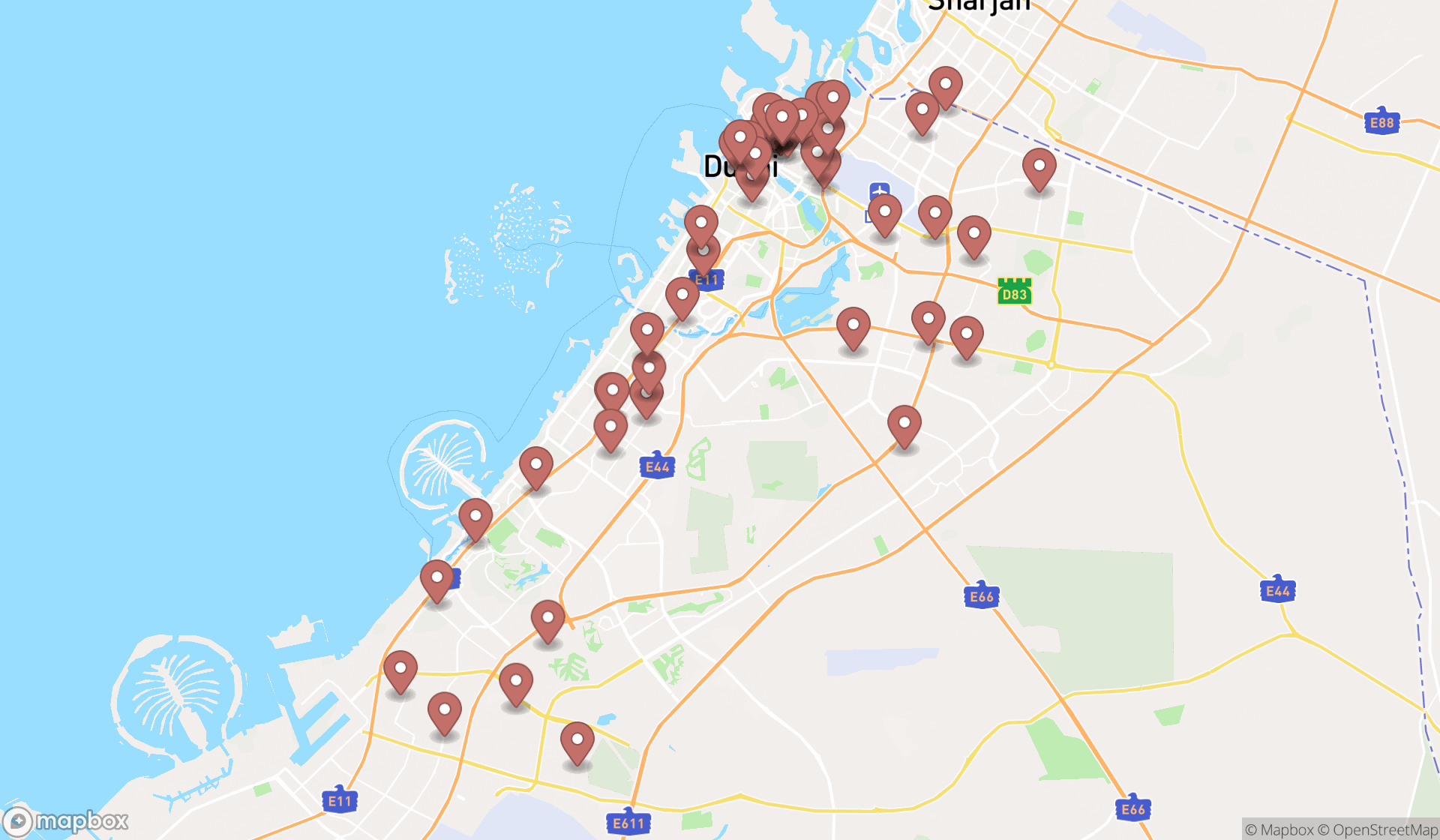 Map showing the search results in Dubai