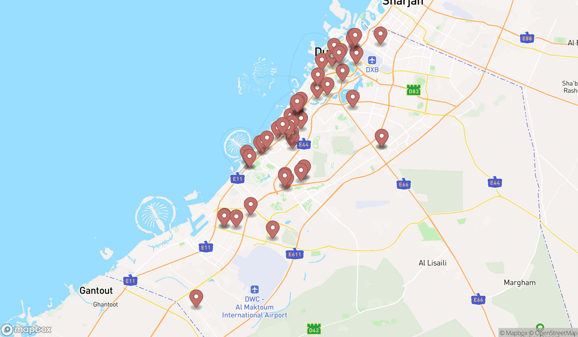 Map showing the search results in Dubai