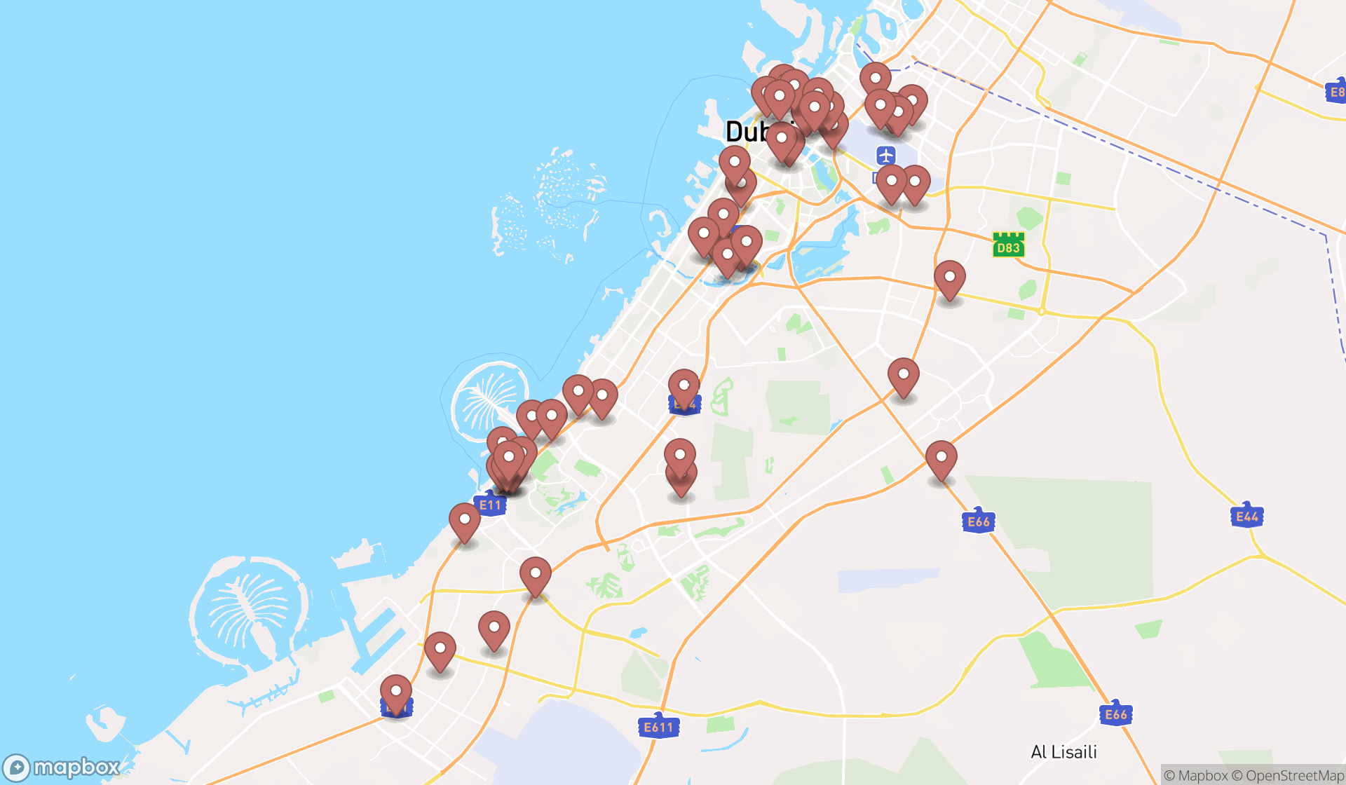 Map showing the search results in Dubai