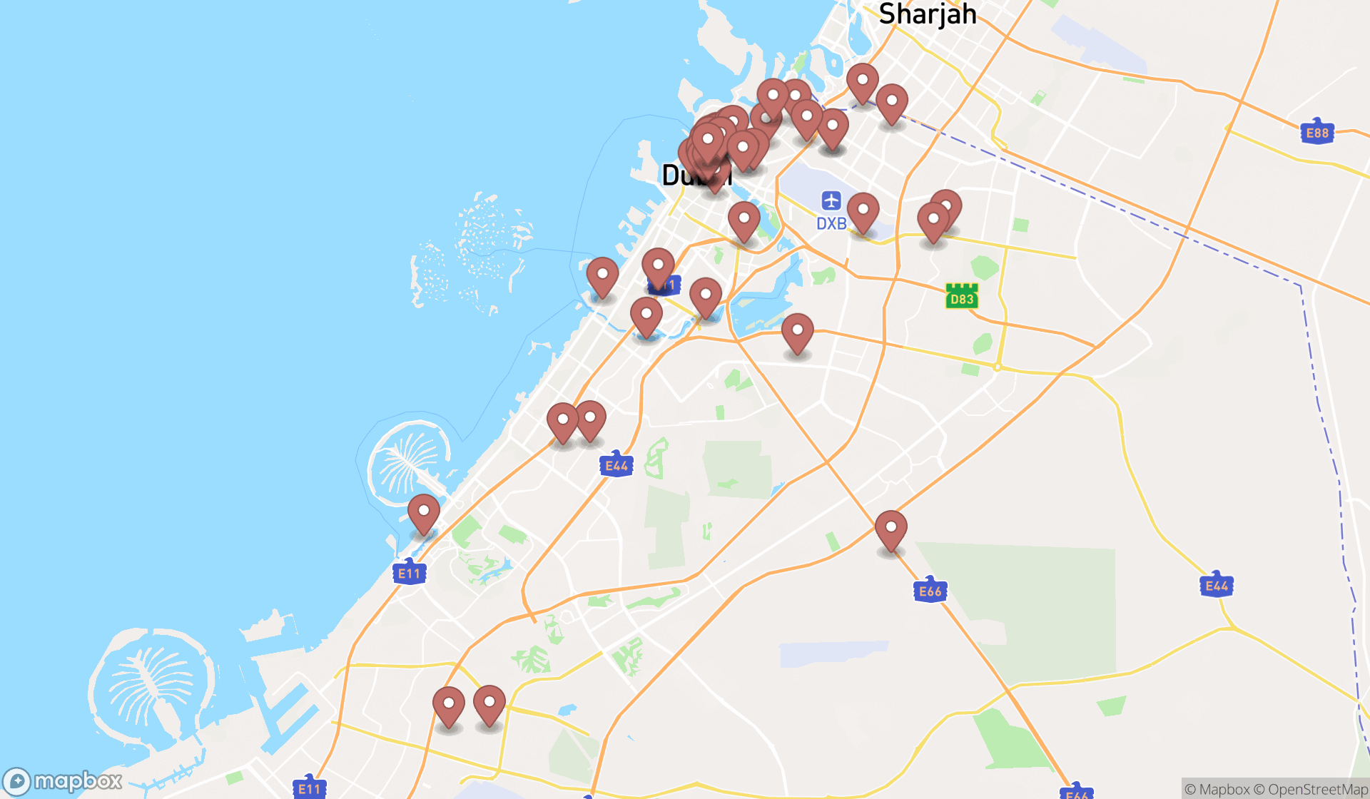 Map showing the search results in Dubai