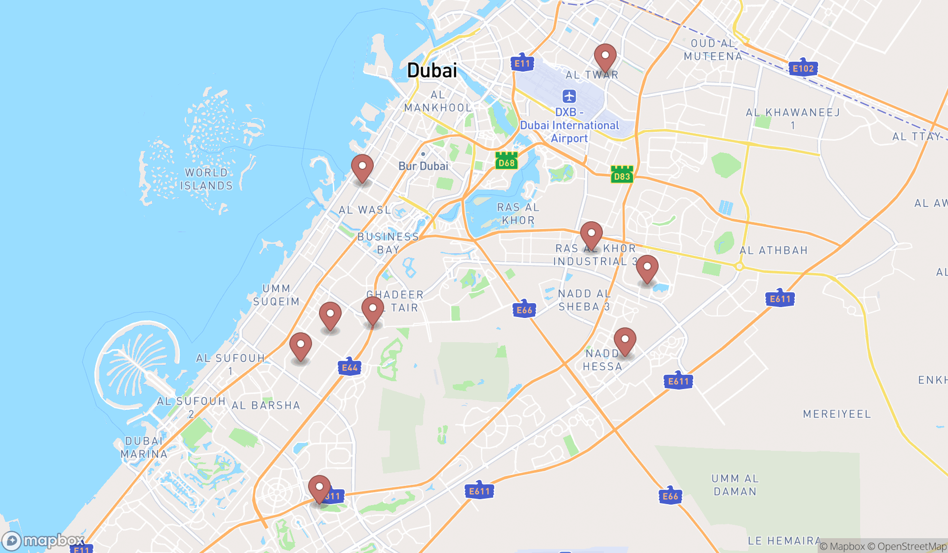 Map showing the search results in Dubai