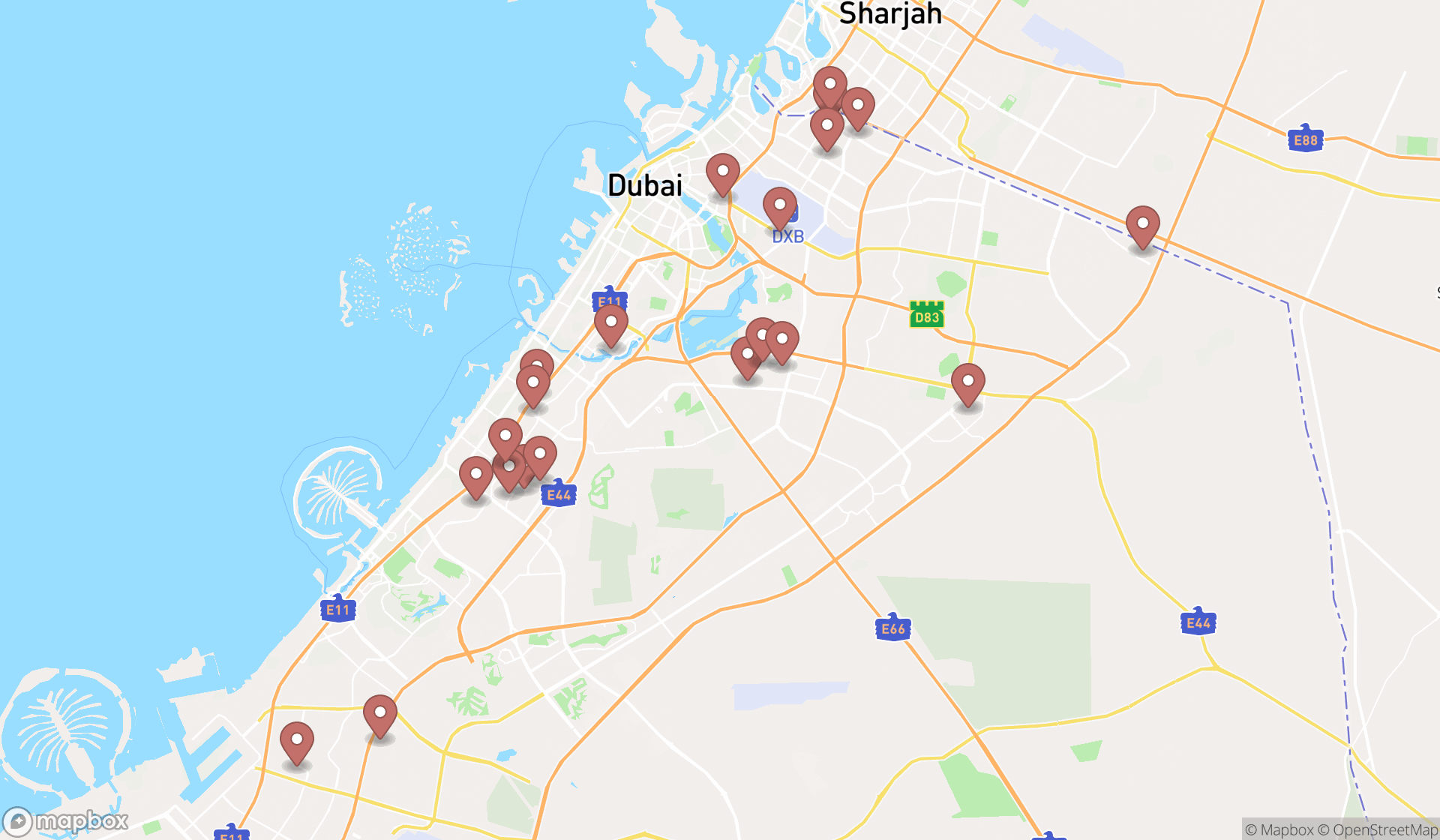 Map showing the search results in Dubai