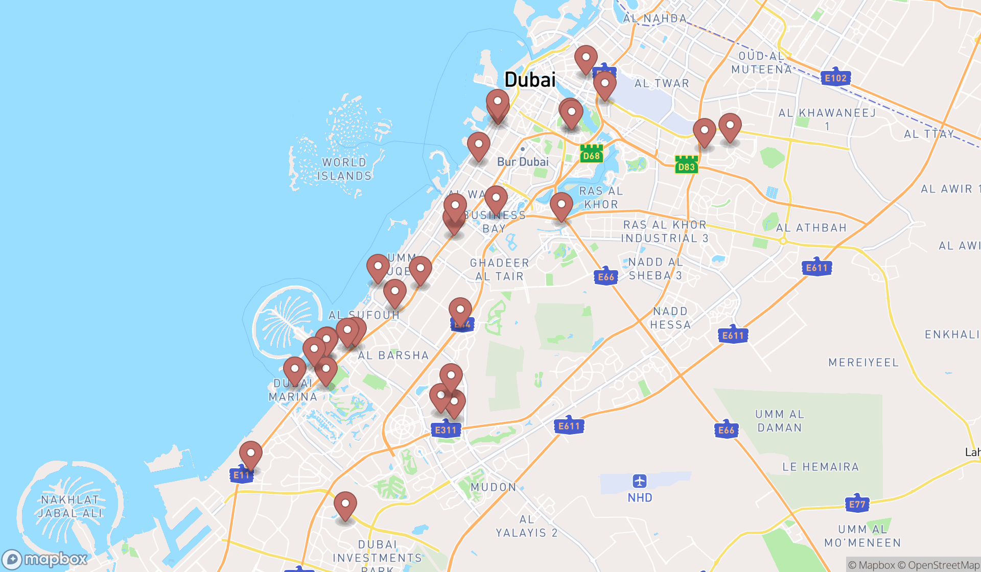Map showing the search results in Dubai