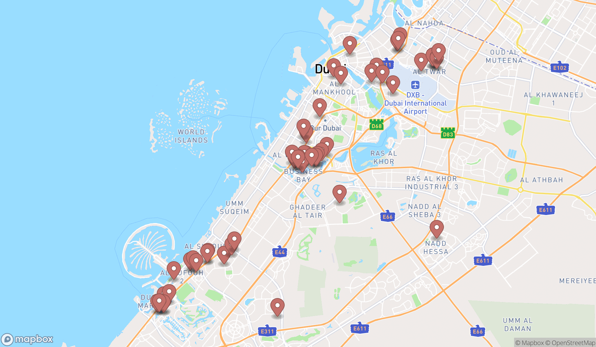 Map showing the search results in Dubai