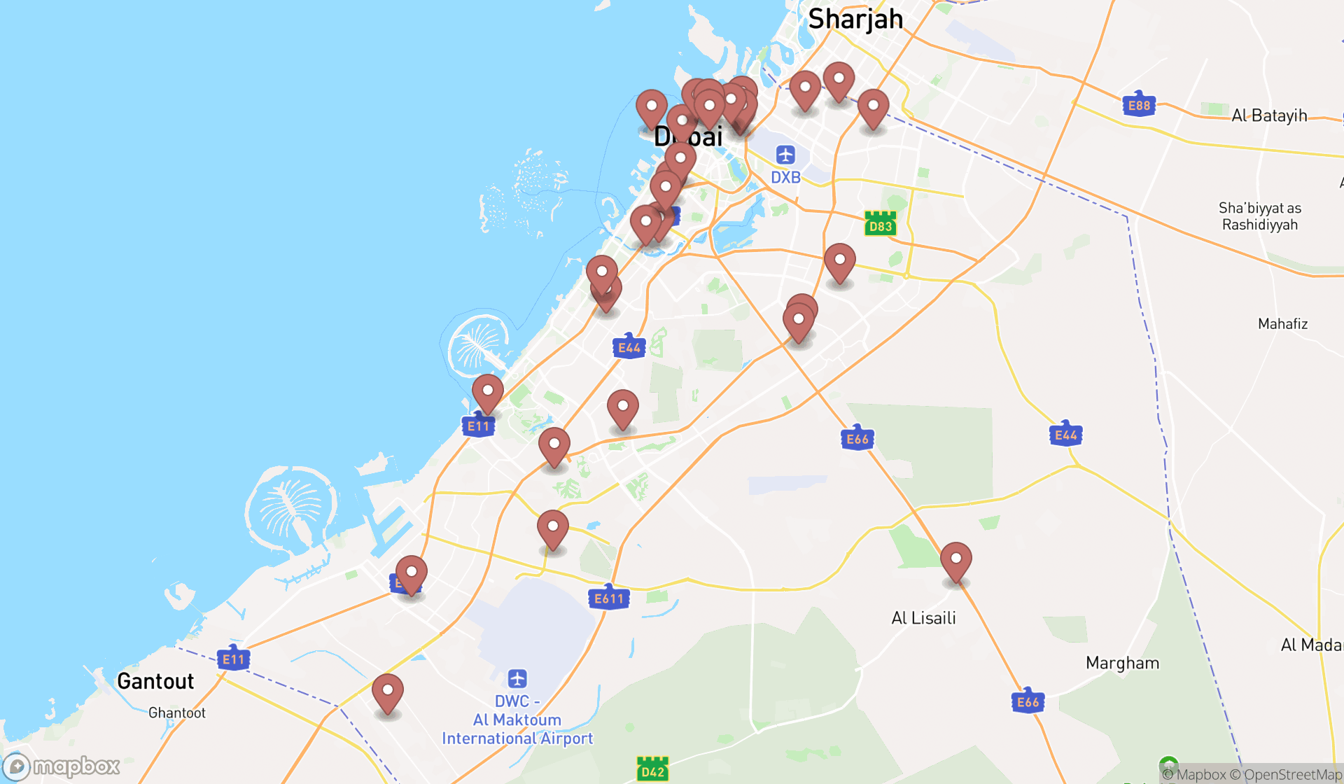 Map showing the search results in Dubai