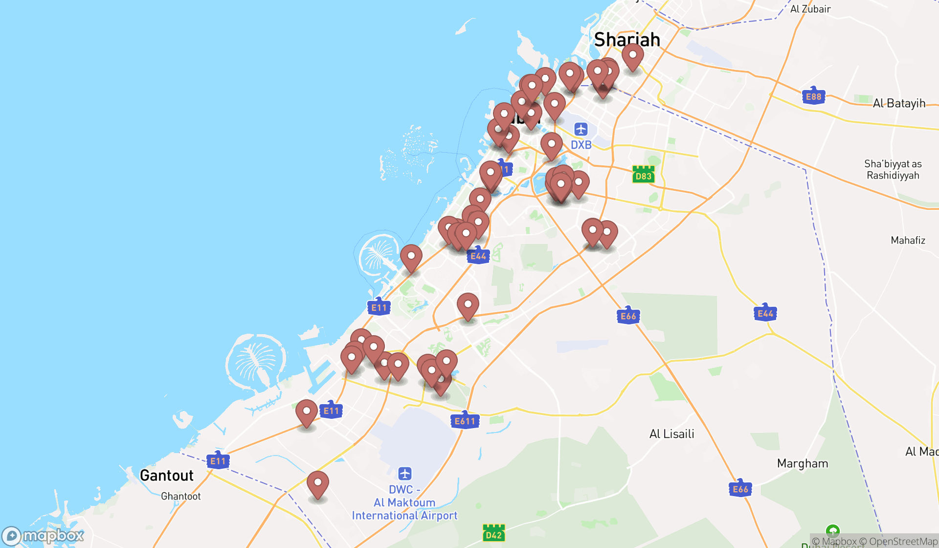 Map showing the search results in Dubai