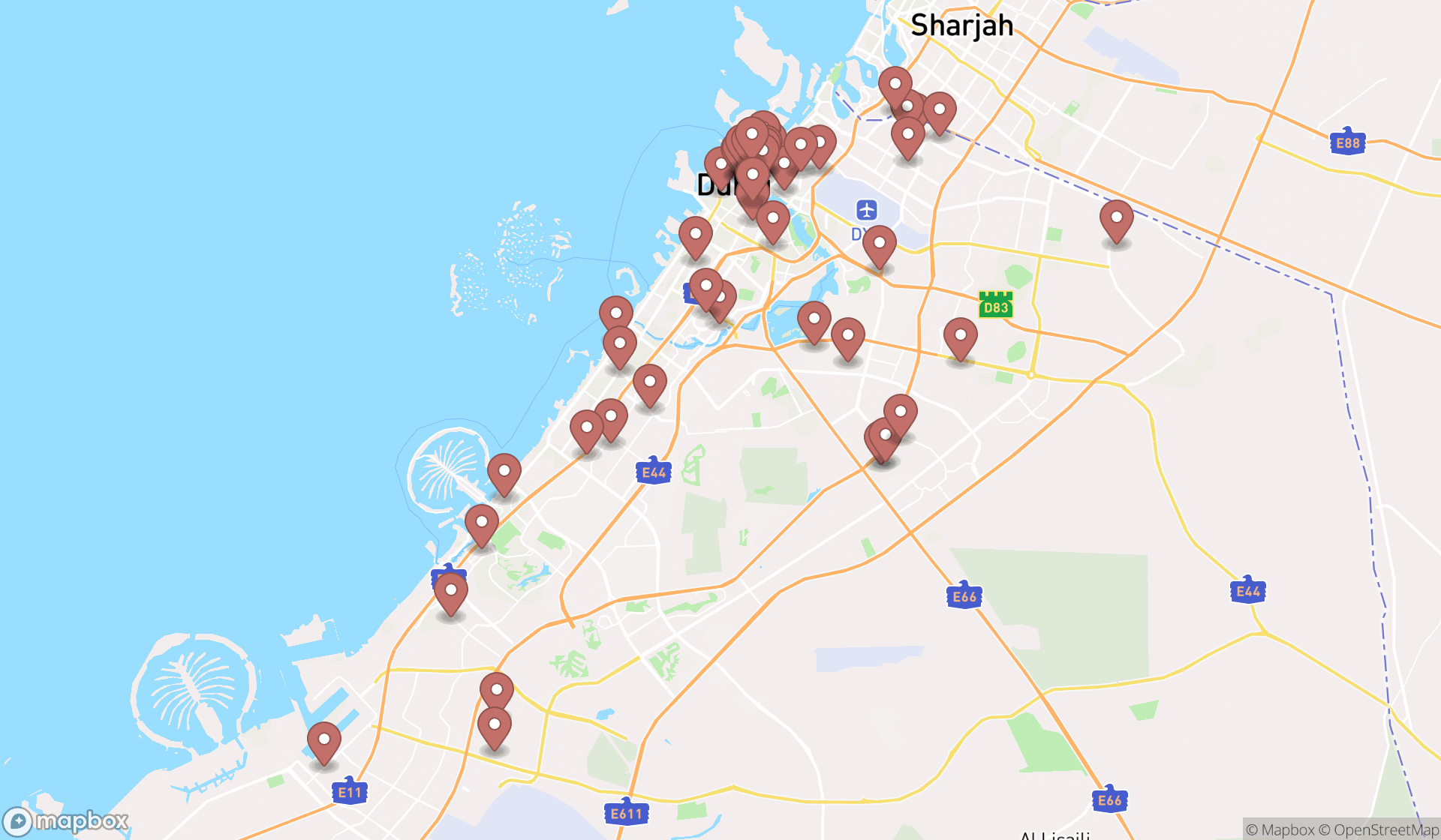 Map showing the search results in Dubai
