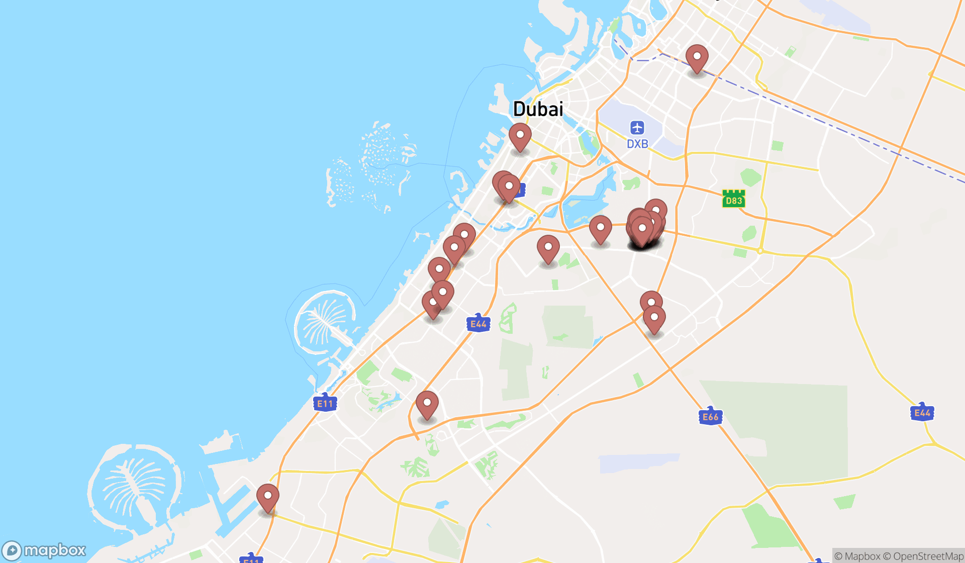 Map showing the search results in Dubai