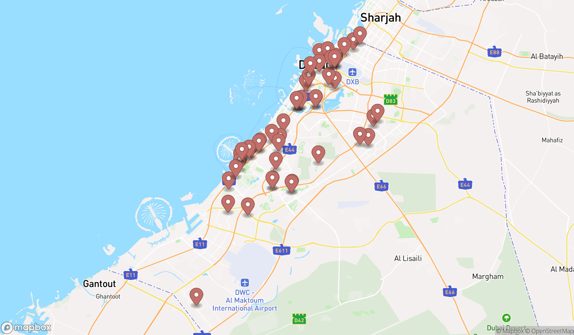 Map showing the search results in Dubai