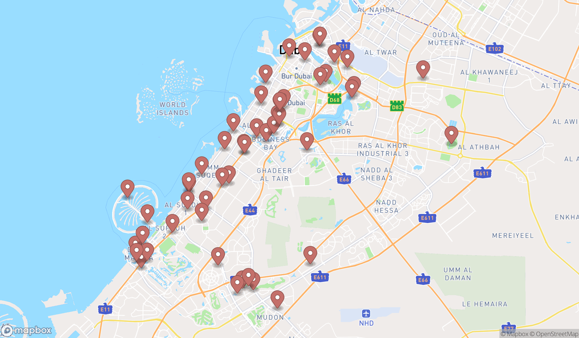 Map showing the search results in Dubai