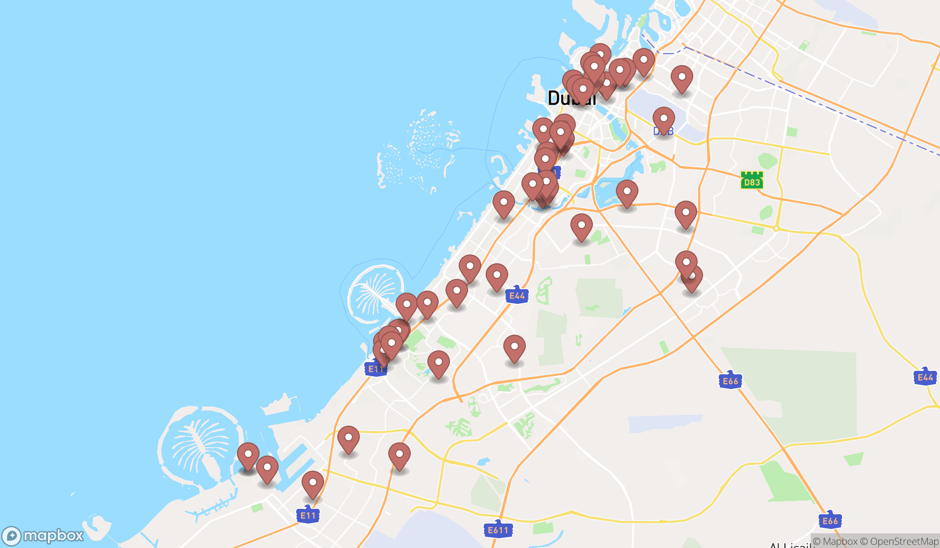 Map showing the search results in Dubai