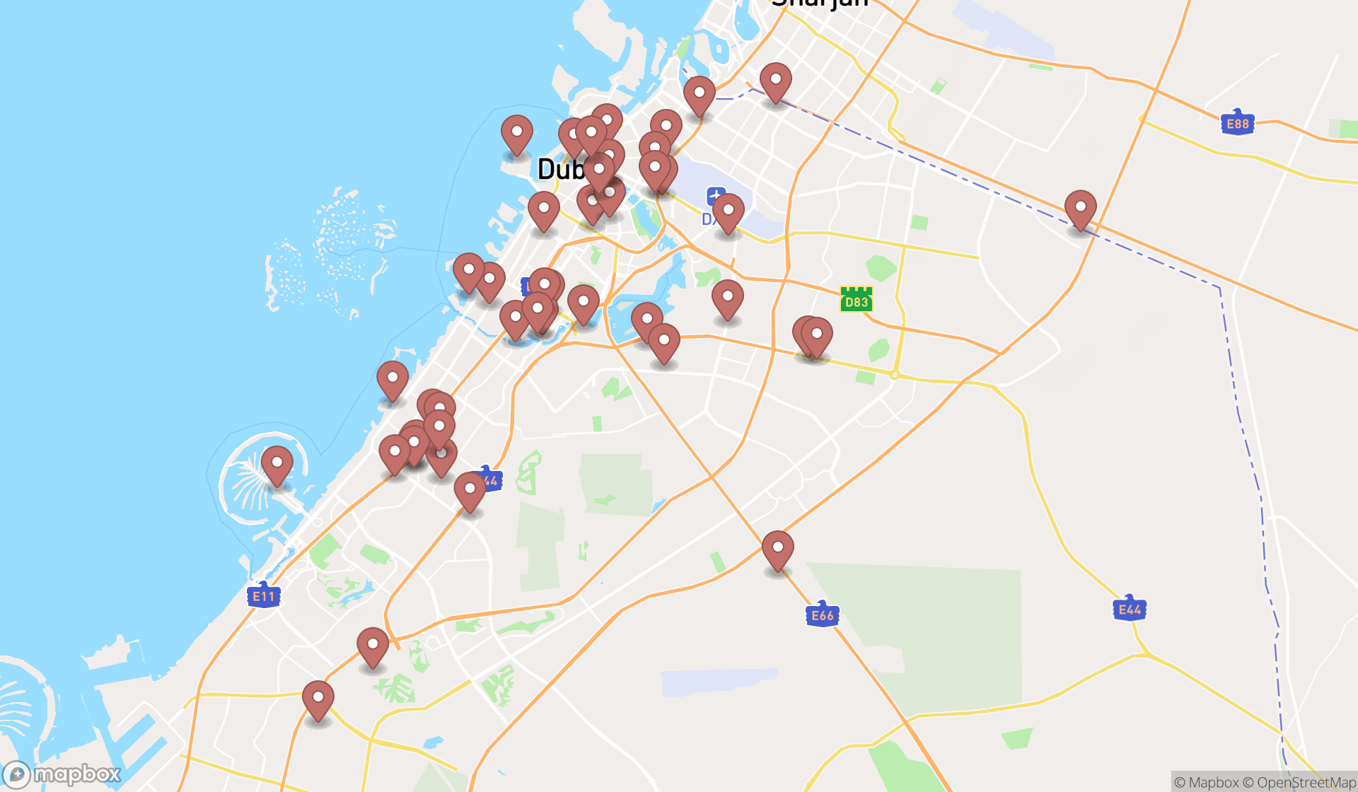 Map showing the search results in Dubai
