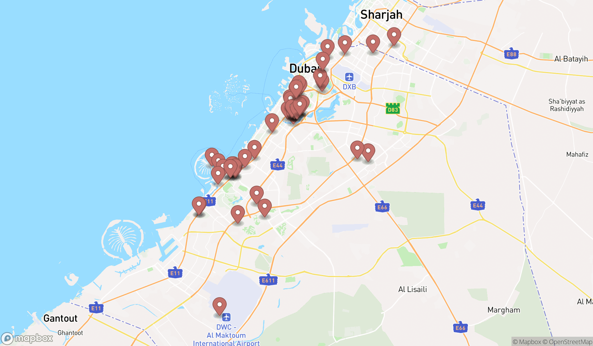 Map showing the search results in Dubai