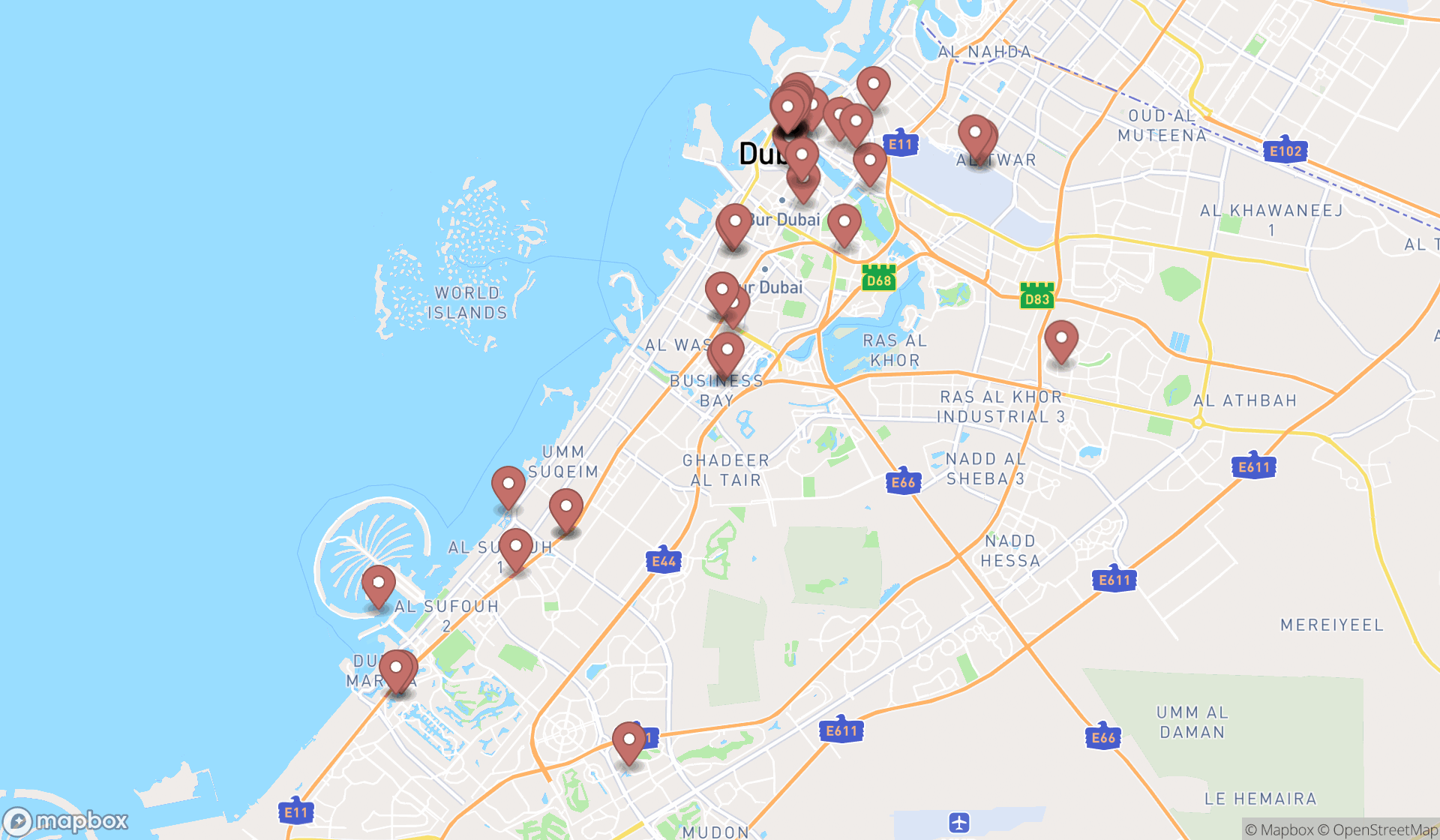 Map showing the search results in Dubai