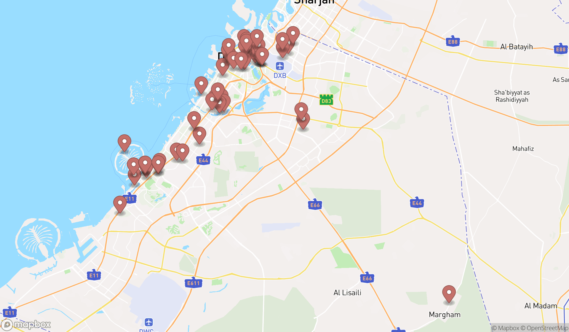 Map showing the search results in Dubai